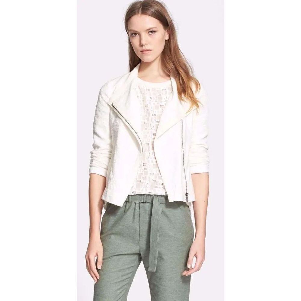 VINCE Cream TEXTURED ZIPPER FRISE asymmetrical JACKET $425  sz XXS